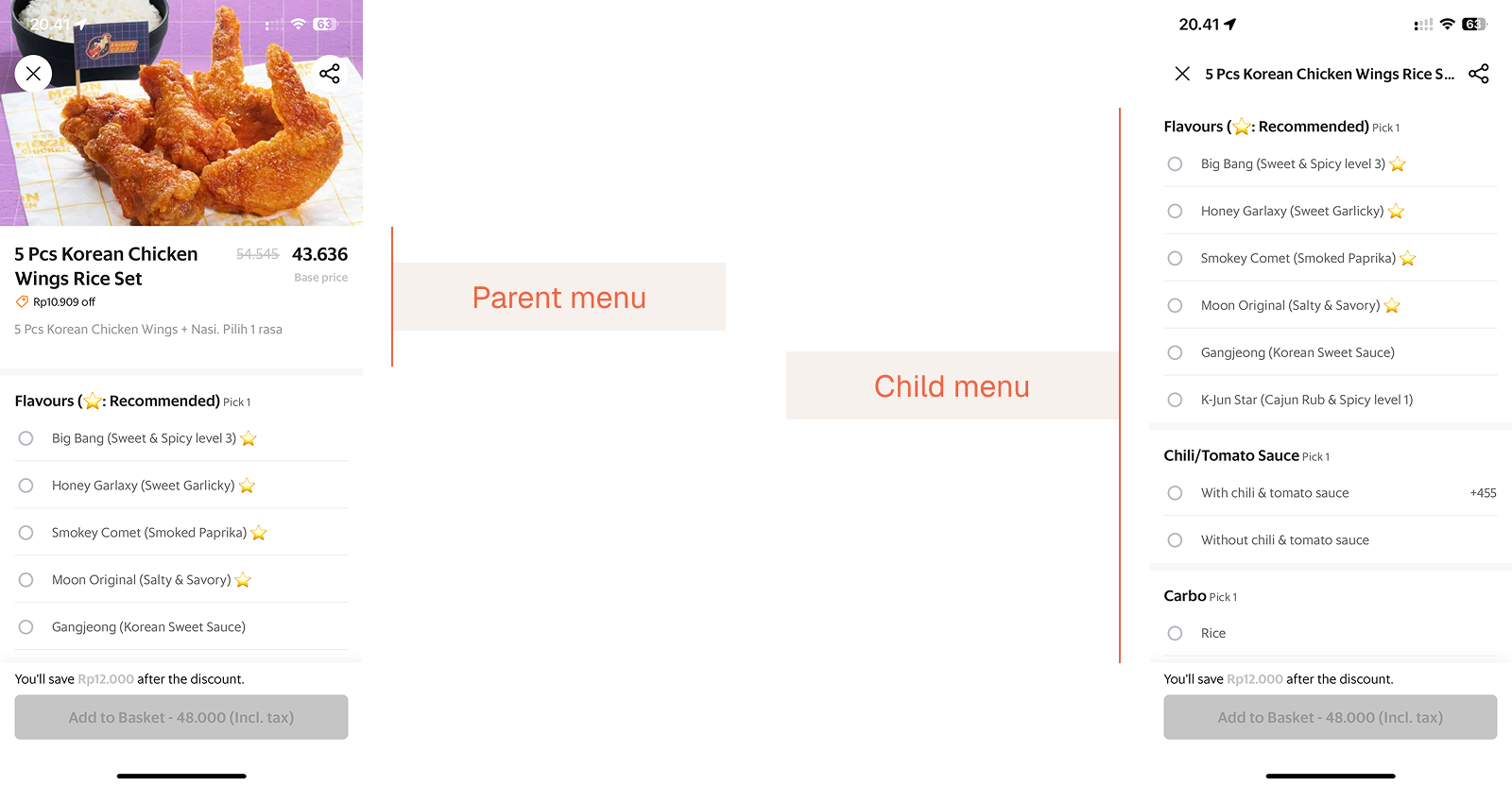 Parent menu and Child menu — Hangry app